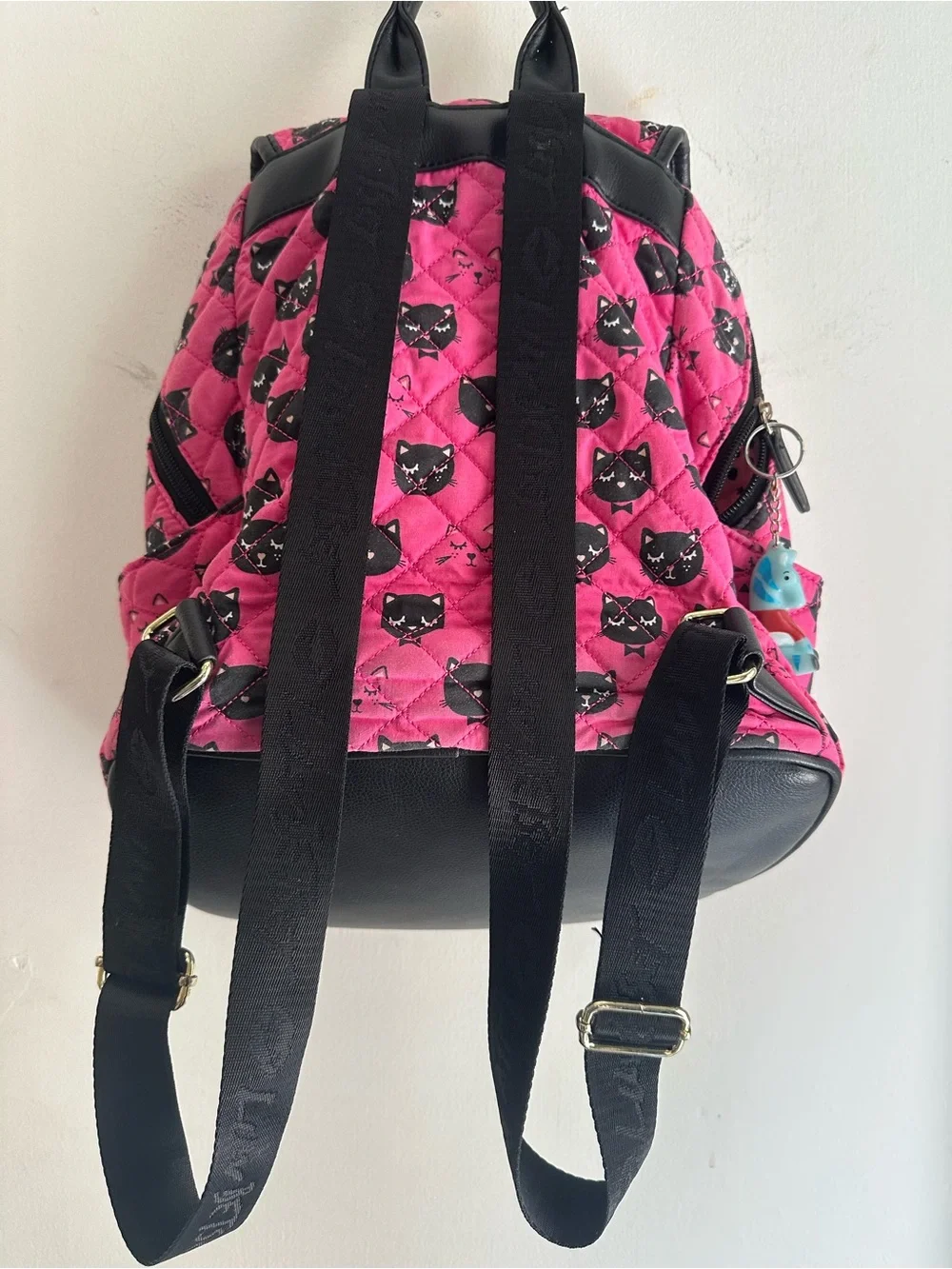 Luv Betsey Johnson Pink Black Cat Quilted Backpack Kitty Charm School Bag